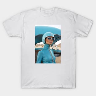 60s Retro Futuristic Woman in Blue in the Desert T-Shirt